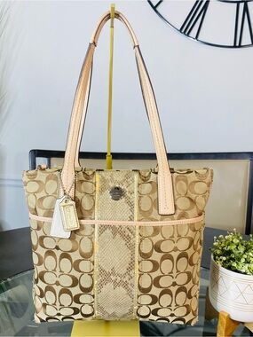 COACH F27362 Signature Khaki Canvas Python Stripe Tote Bag Purse Khaki Gold